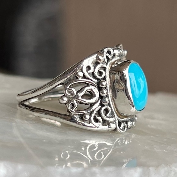 Arizona Sleeping Beauty Turquoise Scrolled Sterling Silver Split Band Ring Sz 8 - Picture 3 of 12